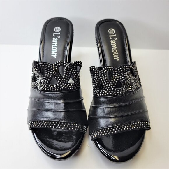 SIZE 7 Black Rhinestone Wedge Heels Shoes Platform Slide Sandals Slippers NEW - Picture 1 of 16